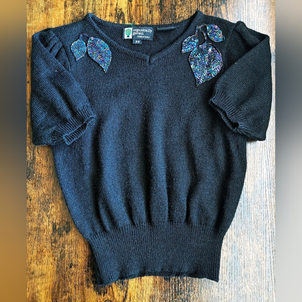 Vintage Organically Grown Sweaters Black Sequin Leaf Knit Top Size M